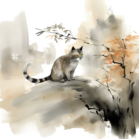 Watercolor sketch of a cat sitting on a branch of a treeの素材