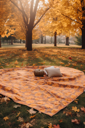 Autumn leaves and pillow on a blanket in the autumn park.の素材
