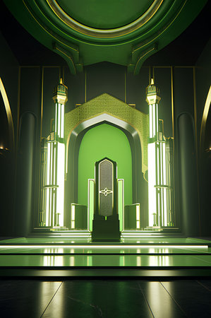 3d rendering of a green mosque with a golden door in the middleの素材