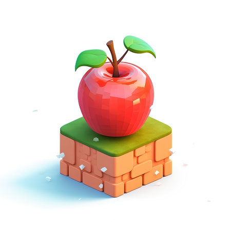Illustration of a red apple on a brick wall with a green leafの素材