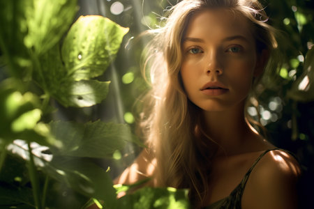 Beautiful young woman in the garden. Natural light. Beauty, fashion.の素材