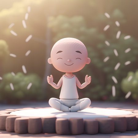 3d illustration of a little boy meditating in the park.の素材
