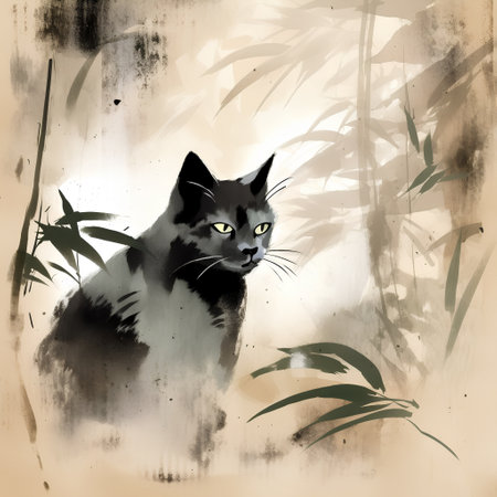Black cat on the background of bamboo leaves. Hand-drawn illustration.の素材