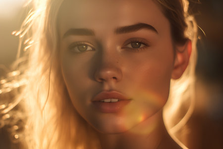 Portrait of a beautiful young woman in the rays of the setting sunの素材