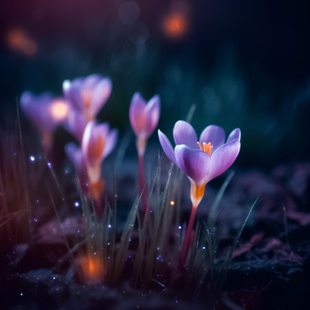Purple crocus flowers in the forest at night. Spring background.の素材