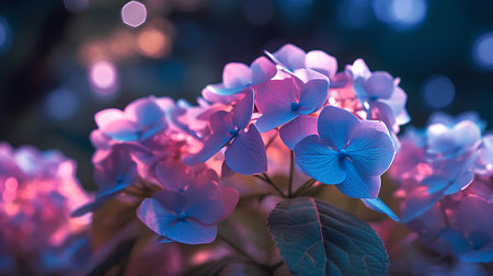 Beautiful blue hydrangea flowers with bokeh backgroundの素材