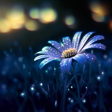 Beautiful blue daisy flower on a dark background with bokehの素材