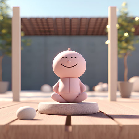 Smiling cartoon character sitting on a stone podium. 3d renderingの素材