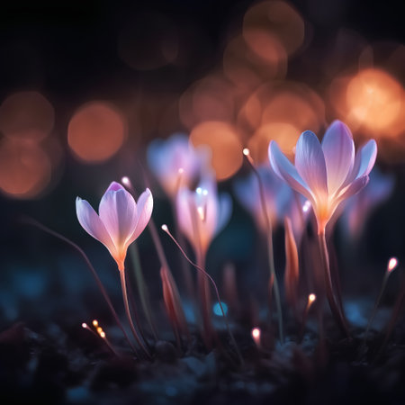 Beautiful crocus flowers with bokeh lights on dark backgroundの素材