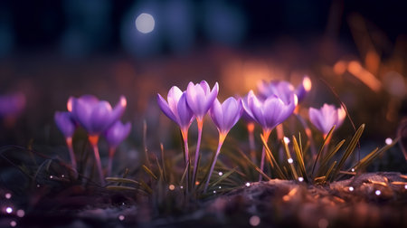Beautiful purple crocus flowers blooming in the forest at nightの素材