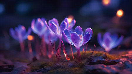 Beautiful purple crocus flowers blooming in the forest at nightの素材