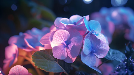 Beautiful blue hydrangea flowers on a dark background.の素材