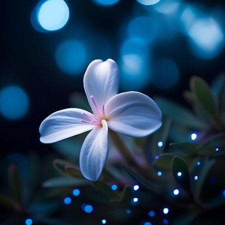 Beautiful white flower with bokeh lights on dark background.の素材