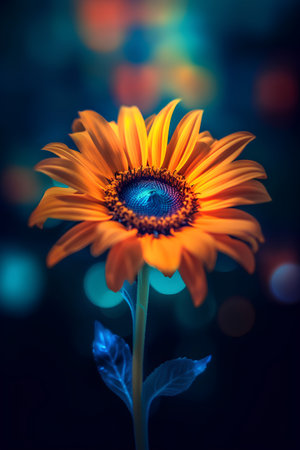 Beautiful orange sunflower on a dark background with bokehの素材
