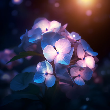 Beautiful blue hydrangea flowers on the background of the setting sunの素材