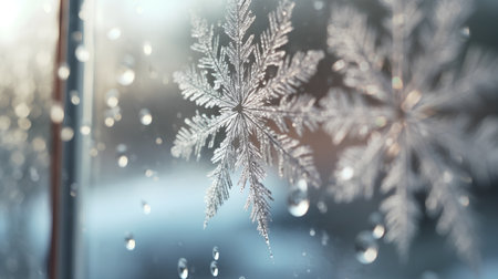 Snowflakes on the window. Winter background. Shallow depth of field.の素材