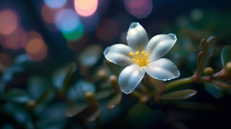 Beautiful small white flower with blurred bokeh lights background.の素材