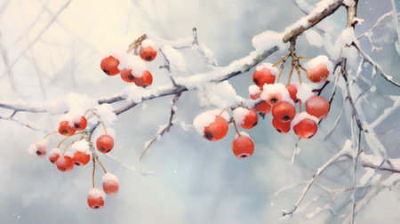 Frozen rosehip berries on the branches in winter forest. Filtered image processed vintage effect.の素材