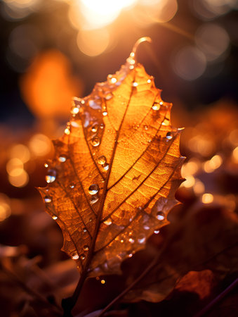 Autumn oak leaf with dew drops and bokeh backgroundの素材