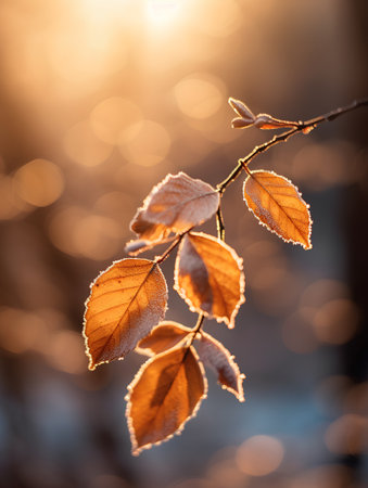 Frosty autumn leaves on a branch in the rays of the sunの素材