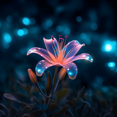 Beautiful lily flower with dew drops on a dark backgroundの素材