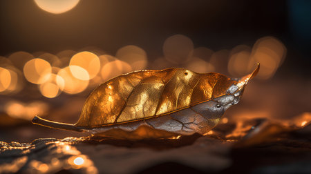 Golden leaf on black background with bokeh effect. Autumn concept.の素材