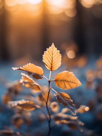 Frosted leaves in the forest at sunset. Beautiful natural background.の素材