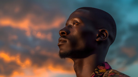 Portrait of a young African man on a background of fire.の素材