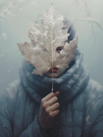Portrait of a beautiful young woman in a winter jacket with a maple leaf in her hands.の素材