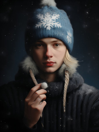 Young man in winter hat and scarf with snowflakes on dark backgroundの素材