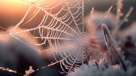Morning dew on a spider web. Close-up. Beautiful nature background.の素材