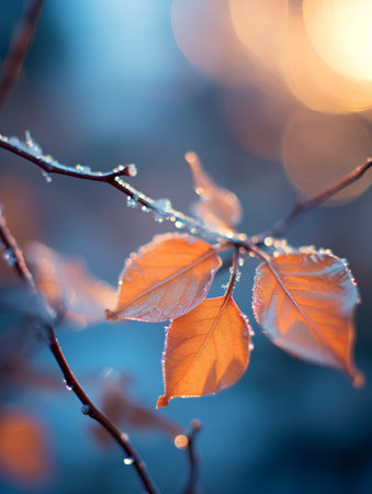 Autumn leaves in hoarfrost on a blurred background of the sunの素材