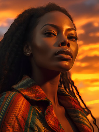 Beautiful african american woman with afro hairstyle posing at sunset.の素材