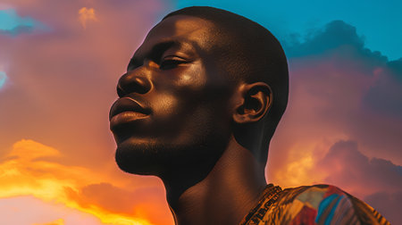 Portrait of a black african american man on a background of the sky.の素材