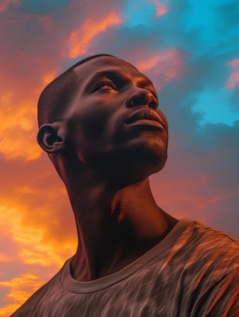 African American man with eyes closed against a sunset sky. 3d renderingの素材