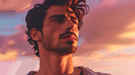 Portrait of a handsome man on a background of the sky.の素材