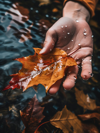 Female hand holding a yellow maple leaf in the water. Autumn conceptの素材