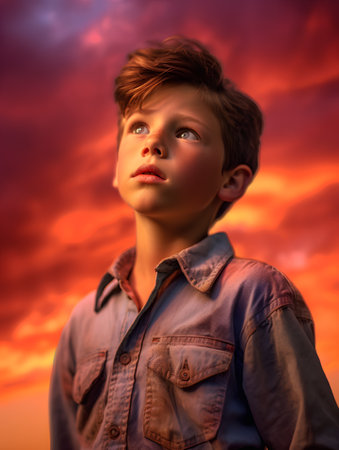 Portrait of a boy on a background of a beautiful sunset.の素材