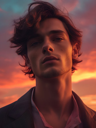 Portrait of a handsome young man in a suit at sunset.の素材