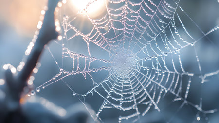 Spider web with dew drops at sunrise. Close-up.の素材