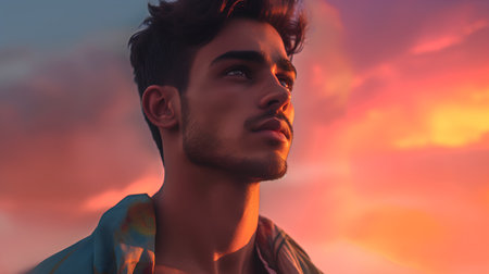 Handsome young man in shirt posing at sunset. Fashion shot.の素材