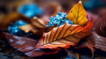 Colorful autumn leaves on a dark background. Selective focus.の素材