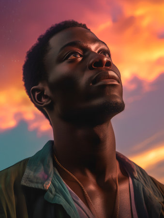 Portrait of a handsome african american man against a sunset sky.の素材