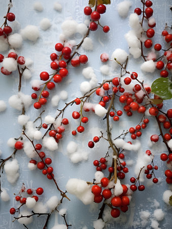 Winter background with red berries and white snowflakes on blue backgroundの素材