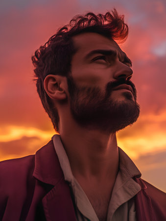 Portrait of a handsome young man in a red shirt with a beard and mustache on a sunset background.の素材