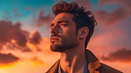 Handsome young man with stylish hairstyle on sunset background.の素材