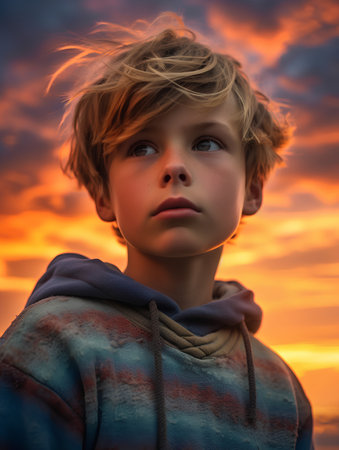 Portrait of a boy with blond hair in a blue hoodie on the background of a sunset skyの素材