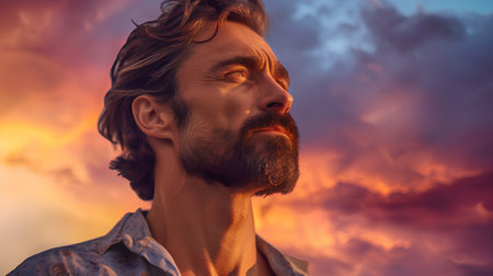 Portrait of a man with a beard on a background of a sunset sky.の素材