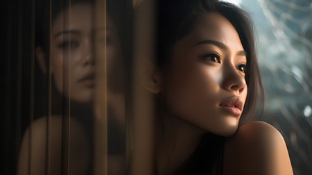beautiful asian woman looking through the blinds in the darkの素材