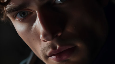 Close-up portrait of a young man on a dark background.の素材